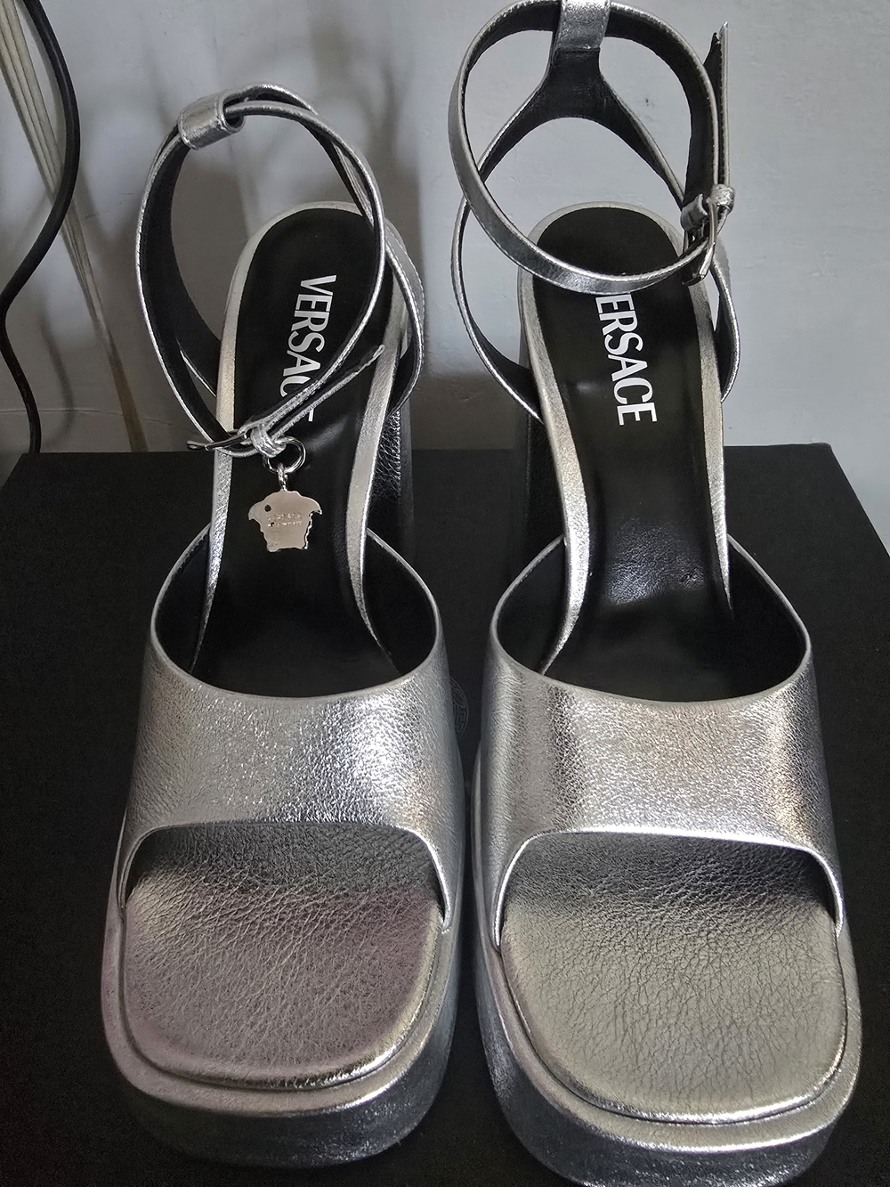 Versace Metallic Silver Platform Ankle-Strap Sandals